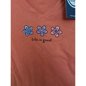 Women's Life is Good Flowers Coral Pink Orange V-Neck Short Sleeve Crusher Tee L